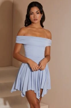 Handkerchief Hem Ruched Bardot Mini Dress In Blue