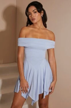 Handkerchief Hem Ruched Bardot Mini Dress In Blue -Women Clothes Shop 6018 5 Blue Ruched Bardot Hankee Hem Mini Dress