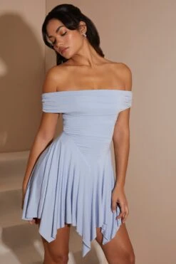 Handkerchief Hem Ruched Bardot Mini Dress In Blue -Women Clothes Shop 6018 6 Blue Ruched Bardot Hankee Hem Mini Dress