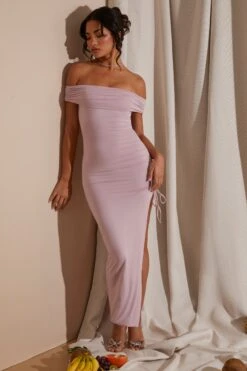 Off The Shoulder High Slit Maxi Dress In Blush 21 Off The Shoulder High Slit Maxi Dress In Blush -Women Clothes Shop 6021 10 Blush Off Shoulder Ruched Spilt Gown