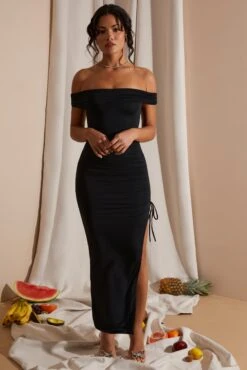 Off The Shoulder High Slit Maxi Dress In Black -Women Clothes Shop 6021 1 Black Off Shoulder Ruched Split Gown