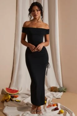 Off The Shoulder High Slit Maxi Dress In Black -Women Clothes Shop 6021 4 Black Off Shoulder Ruched Split Gown