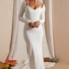 Long Sleeve Exposed Bra Maxi Dress In White -Women Clothes Shop 6023 10 White Long Sleeve Under Bralette Gown Dress