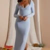 Long Sleeve Exposed Bra Maxi Dress In Blue -Women Clothes Shop 6023 2 Blue Long Sleeve Under Bralette Gown Dress