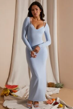 Long Sleeve Exposed Bra Maxi Dress In Blue 18 Long Sleeve Exposed Bra Maxi Dress In Blue -Women Clothes Shop 6023 4 Blue Long Sleeve Under Bralette Gown Dress