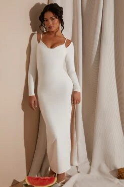 Long Sleeve Exposed Bra Maxi Dress In White -Women Clothes Shop 6023 4 White Long Sleeve Under Bralette Gown Dress