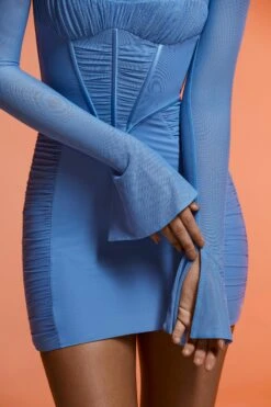 Long Sleeve Ruched Mini Dress In Blue -Women Clothes Shop 6117 3 Blue long sleeved ruffle corset mini dress