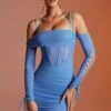 Lace Up Long Sleeve Corset Mini Dress In Blue -Women Clothes Shop 6122 4 Rayar Blue Lace Up Long Sleeve Mini Dress