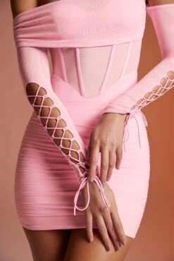 Lace Up Long Sleeve Corset Mini Dress In Pink -Women Clothes Shop 6122 6 Rayar Pink Lace Up Long Sleeve Mini Dress