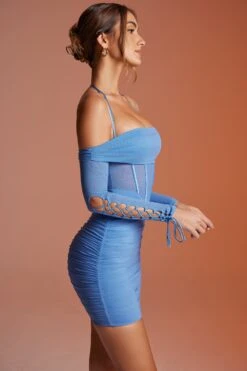 Lace Up Long Sleeve Corset Mini Dress In Blue -Women Clothes Shop 6122 8 Rayar Blue Lace Up Long Sleeve Mini Dress