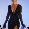 Embellished Wrap Over A-Line Mini Dress In Black -Women Clothes Shop 6127 2 Black Pearl Embellished Wrap Plunge A Line Mini Dress