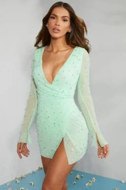 Embellished Wrap Over A-Line Mini Dress In Mint -Women Clothes Shop 6127 2 Chelsea Mint Peral Embellished Wrap Plunge A Line Mini