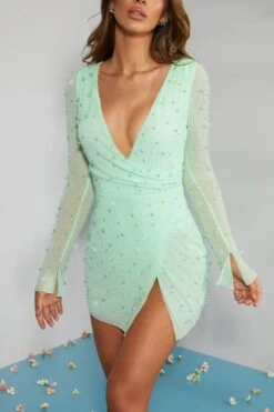 Embellished Wrap Over A-Line Mini Dress In Mint -Women Clothes Shop 6127 6 Chelsea Mint Peral Embellished Wrap Plunge A Line Mini