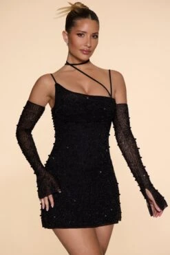 Embellished Asymmetric Corset Mini Dress In Black -Women Clothes Shop 6129 3 Soho Black Asymmetric Cowl Neck Mini Dress