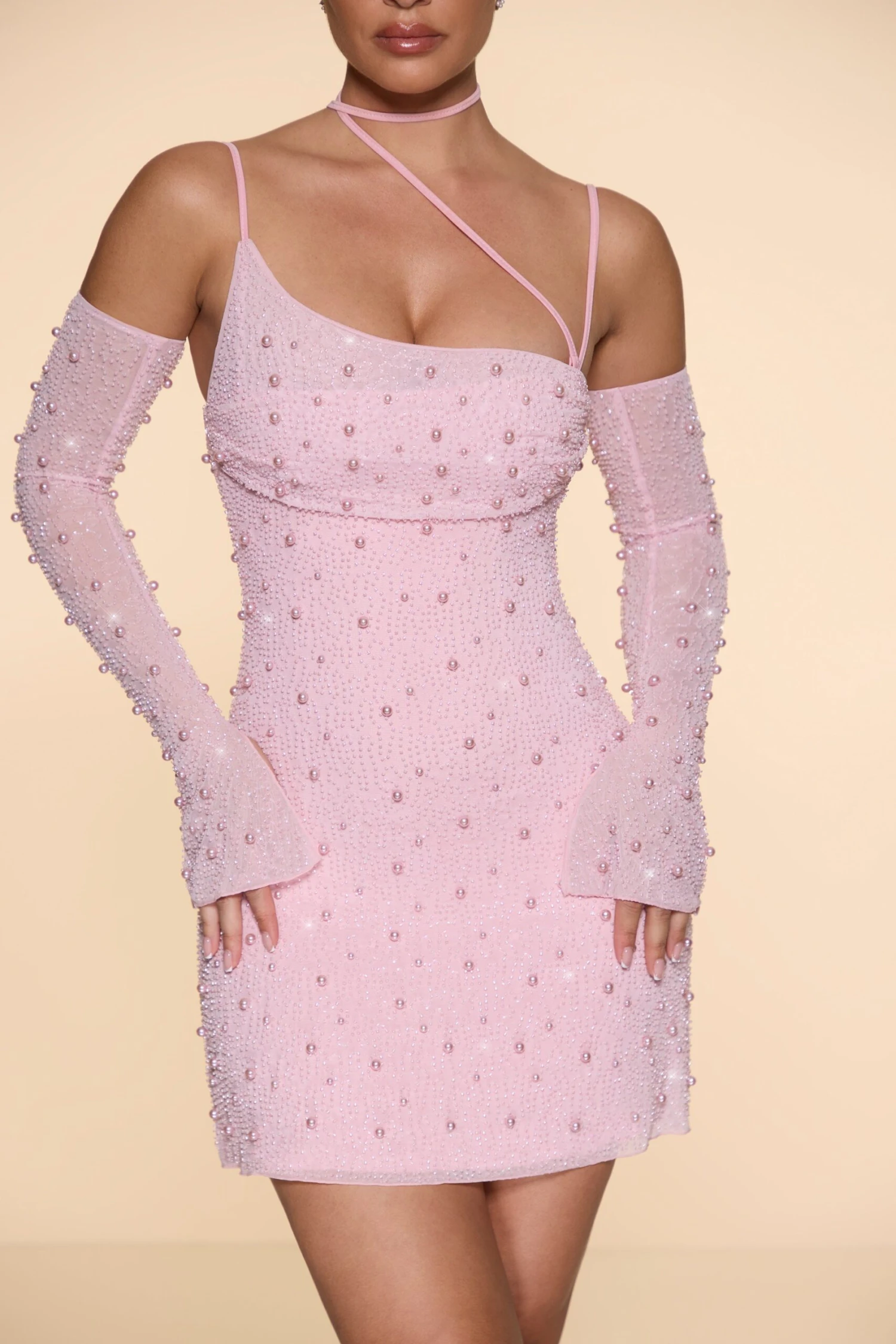 Embellished Asymmetric Corset Mini Dress In Blush 6 Embellished Asymmetric Corset Mini Dress In Blush - Image 4