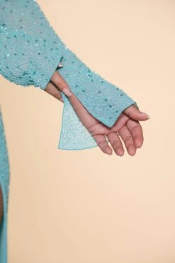 Embellished Cowl Neck Maxi Dress In Aqua -Women Clothes Shop 6139 10 Champel Aqua Long Sleeve Cowl Neck Cut Out High Split Maxi 2