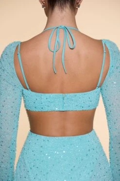 Embellished Cowl Neck Maxi Dress In Aqua -Women Clothes Shop 6139 11 Champel Aqua Long Sleeve Cowl Neck Cut Out High Split Maxi 1