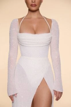 Embellished Cowl Neck Maxi Dress In Ivory -Women Clothes Shop 6139 7 Champel Ivory Long Sleeve Cut Out Maxi