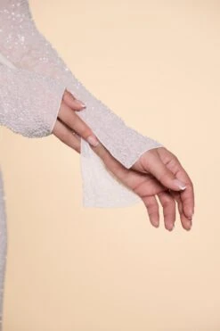 Embellished Cowl Neck Maxi Dress In Ivory -Women Clothes Shop 6139 8 Champel Ivory Long Sleeve Cut Out Maxi