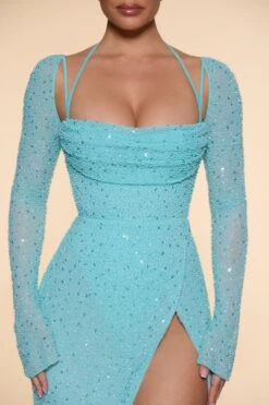 Embellished Cowl Neck Maxi Dress In Aqua -Women Clothes Shop 6139 9 Champel Aqua Long Sleeve Cowl Neck Cut Out High Split Maxi 2