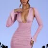 Low Plunge Ruched Mini Dress In Pink 1 Low Plunge Ruched Mini Dress In Pink -Women Clothes Shop 6142 5 Zurich Pink Ruched Plunge Mini Dress