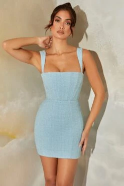 Tweed Square Neck Corset Mini Dress In Light Blue -Women Clothes Shop 6149 2 Cerulean Blue Square Neck Corset Mini Dress 1