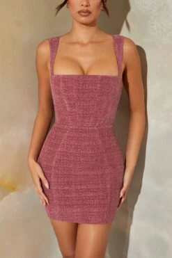 Tweed Square Neck Corset Mini Dress In Rose -Women Clothes Shop 6149 4 Odeya Plum Square Neck Corset Mini Dress 2