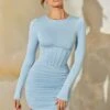 Long Sleeve Corset Mini Dress In Light Blue -Women Clothes Shop 6157 2 Cerulean Blue Mesh And Jersey Corset Mini Dresscopy