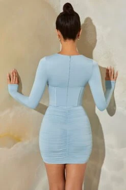 Long Sleeve Corset Mini Dress In Light Blue -Women Clothes Shop 6157 7 Cerulean Blue Mesh And Jersey Corset Mini Dresscopy