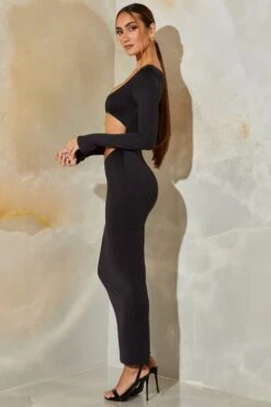 Long Sleeve Cut Out Maxi Dress In Black -Women Clothes Shop 6164 7 Black Cut Out Maxi Dress