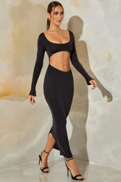 Long Sleeve Cut Out Maxi Dress In Black -Women Clothes Shop 6164 9 Black Cut Out Maxi Dress