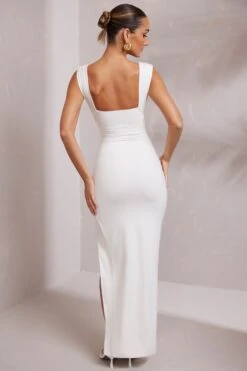 High Split Plunge Neck Maxi Dress In White -Women Clothes Shop 6172 5 Sloane White Plunge Ruched Maxi Dress