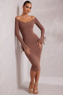 Long Sleeve Off The Shoulder Midi Dress In Brown -Women Clothes Shop 6173 10 Ember Brown Off The Shoulder Midi