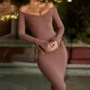 Long Sleeve Off The Shoulder Midi Dress In Brown -Women Clothes Shop 6173 2 Ember Brown Off The Shoulder Midi