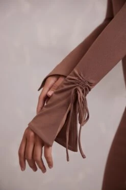 Long Sleeve Off The Shoulder Midi Dress In Brown -Women Clothes Shop 6173 7 Ember Brown Off The Shoulder Midi