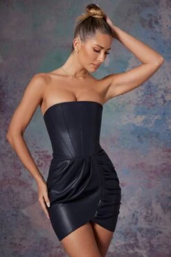 Vegan Leather Bandeau Corset Mini Dress In Midnight Black -Women Clothes Shop 6174 4 Black Bandeau Corset Dress With Wrap And Drape