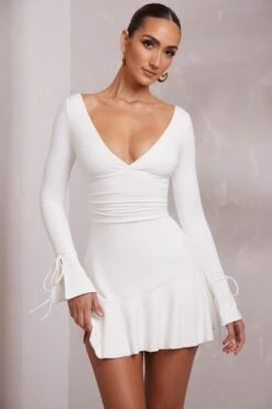 Long Sleeve Ruched A-Line Mini Dress In White -Women Clothes Shop 6182 8 Lilah White Ruched A Line Mini Dress 0c4cf1bf 981f 448f 96cc 55c06c296575