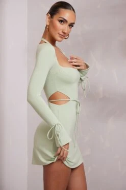Long Sleeve Cut Out A-Line Mini Dress In Sage -Women Clothes Shop 6183 1 Elise Sage Cut Out A Line Mini