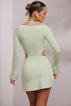 Long Sleeve Cut Out A-Line Mini Dress In Sage -Women Clothes Shop 6183 2 Elise Sage Cut Out A Line Mini