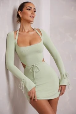 Long Sleeve Cut Out A-Line Mini Dress In Sage -Women Clothes Shop 6183 9 Elise Sage Cut Out A Line Mini 2d96f3d2 8e26 4687 86f8 40362cb60f68