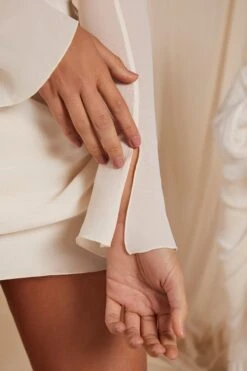 Long Sleeve Draped Mini Dress In Ivory -Women Clothes Shop 6185 6 Mila Ivory Long Sleeve Cowl Neck Draped Mini Dress