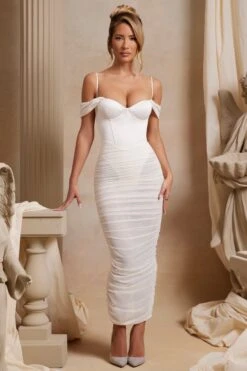 Off The Shoulder Ruched Corset Maxi Dress In Ivory -Women Clothes Shop 6188 1 Cecily Ivory Corset Drop Shoulder Ruched Maxi Dress