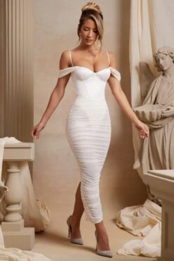 Off The Shoulder Ruched Corset Maxi Dress In Ivory -Women Clothes Shop 6188 3 Cecily Ivory Corset Drop Shoulder Ruched Maxi Dress