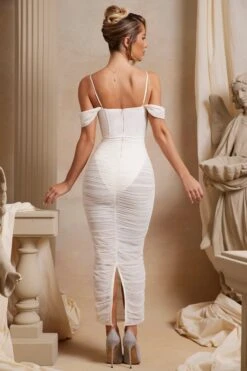 Off The Shoulder Ruched Corset Maxi Dress In Ivory -Women Clothes Shop 6188 5 Cecily Ivory Corset Drop Shoulder Ruched Maxi Dress