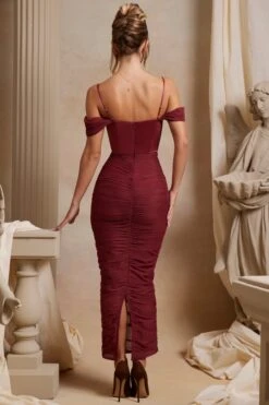 Off The Shoulder Ruched Corset Maxi Dress In Red -Women Clothes Shop 6188 6 Red Ots Corset Maxi Dress