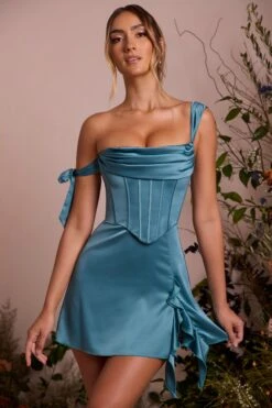 Off Shoulder Corset Mini Dress In Teal -Women Clothes Shop 6198 1 Lilou Teal Off Shoulder Corset Dress With Georgette Draped Details Mini Dress