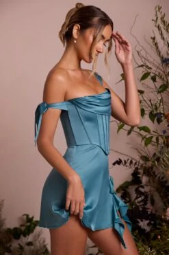 Off Shoulder Corset Mini Dress In Teal -Women Clothes Shop 6198 6 Lilou Teal Off Shoulder Corset Dress With Georgette Draped Details Mini Dress