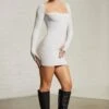 Long Sleeve Square Neck Mini Dress In Grey -Women Clothes Shop 6302 11 Alloy Wide Straight Neck Mini Dress With Sleeves