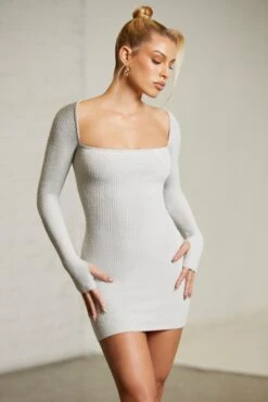 Long Sleeve Square Neck Mini Dress In Grey 24 Long Sleeve Square Neck Mini Dress In Grey -Women Clothes Shop 6302 12 Alloy Wide Straight Neck Mini Dress With Sleeves