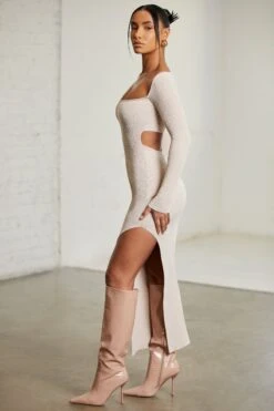 Long Sleeve Cut Out Maxi Dress In Beige -Women Clothes Shop 6313 4 Praline Cut Out Maxi Dress